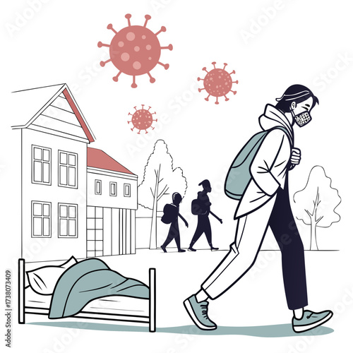 Person wearing mask walks past house and virus particles