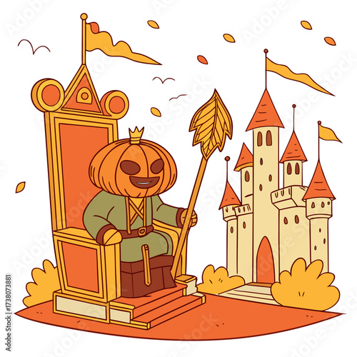 Pumpkin King on Throne with Castle and Autumn Leaves