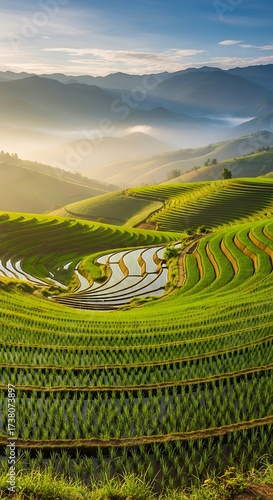 Lush green rice terraces cascade down a mountainside, bathed in morning light, showcasing intricate patterns and tranquil beauty.