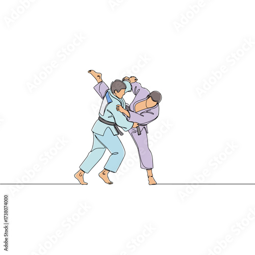 Two judo athletes in action during a competition, single line art