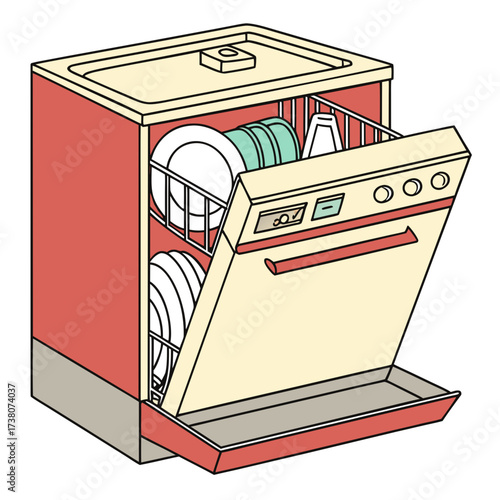 Red and cream dishwasher with open door and dishes