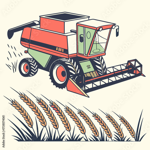 Red and green combine harvester in wheat field vector illustration