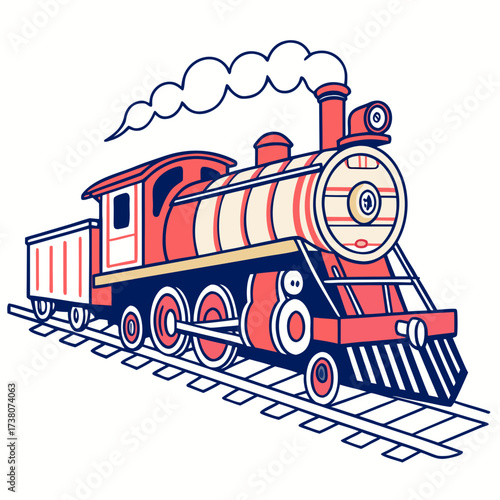 Red and cream steam train with smoke on tracks steam engine