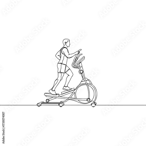 Man exercising on elliptical machine, line art on white background