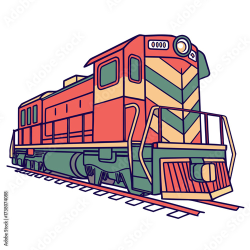 Red and green diesel train engine on tracks vector illustration