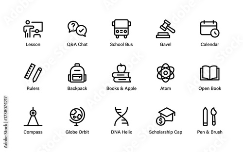 Academic Essentials Icon Set featuring education, science, creativity, law, and student life icons including books, graduation cap, atom, DNA, and more.