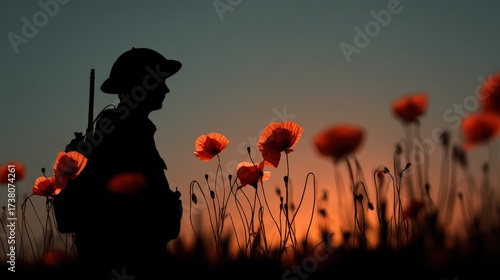 Fototapeta Naklejka Na Ścianę i Meble -  A silhouette of a soldier against a sunset sky with poppy flowers in the foreground. Remembrance Day/Veterans Day concept, respectful and somber