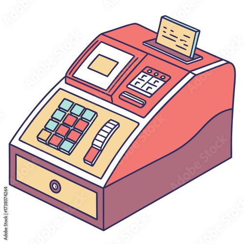 Red and yellow cash register with teal buttons vintage cash register