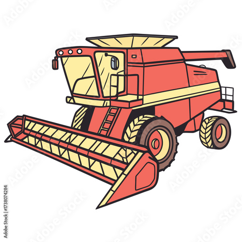 Red and yellow combine harvester agricultural machine vector