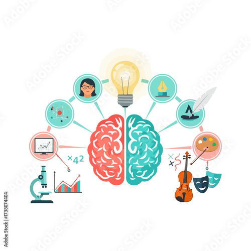 Brain hemispheres with lightbulb and creative concept icons