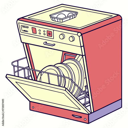 Red and yellow dishwasher with open door and dishes