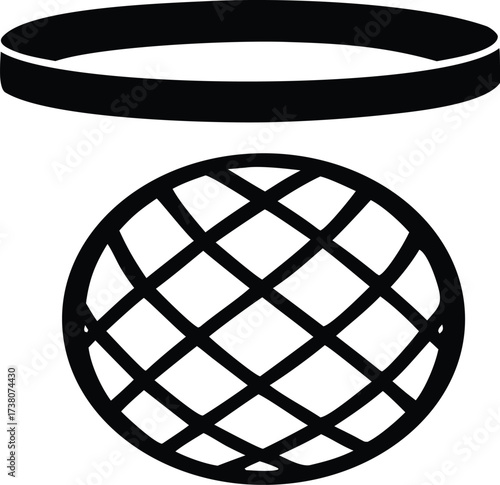 Simple ring above wireframe sphere black and white icon representing global connection or network symbol