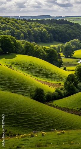 Lush green hills and valleys, with a meandering river, form a picturesque landscape under a cloudy sky.
