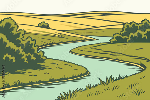 Republican River in Kansas, calm prairie river winding past rolling hills and cottonwood groves