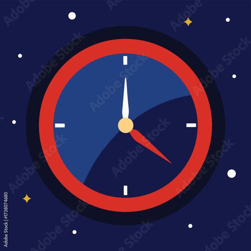 Retro analog clock face with red bezel and blue dial showing time against a dark starry night sky background