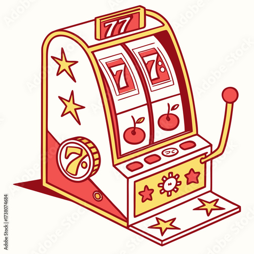 Red and yellow slot machine with 77 symbols and cherries