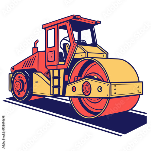 Red and yellow road roller on blue asphalt construction