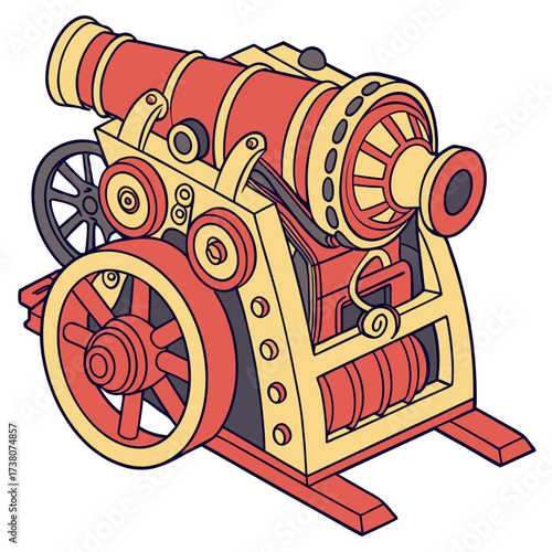 Red and yellow vintage cannon with wheels retro historical
