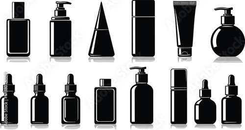 Cosmetic bottle silhouette, toiletry packaging design, skincare container set, beauty product mockup, cad drawing flat vector illustration