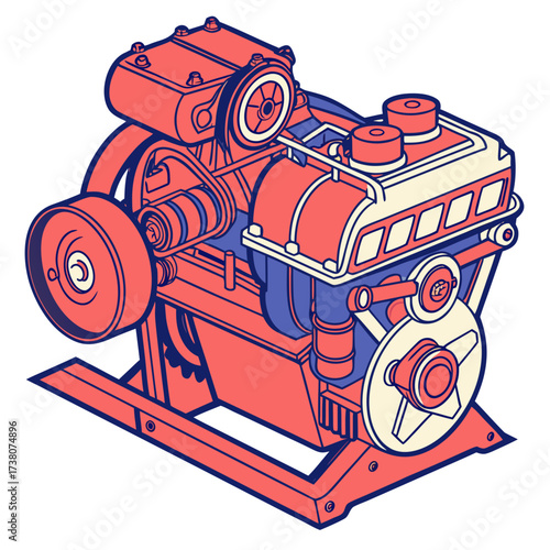 Red blue and cream vector engine on white machine motor