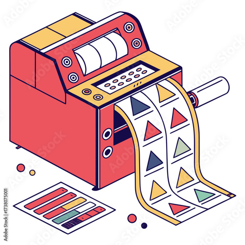 Red printing machine with colorful triangle tickets and bar chart