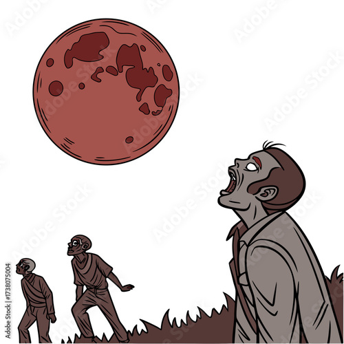 Red moon and figures looking up blood moon night