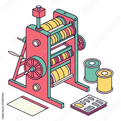 Red printing press with yellow and teal rolls and spools