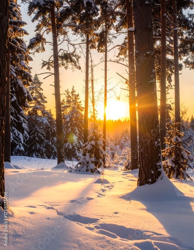 Winter sunset through snowy pine trees