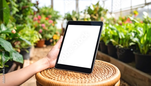 Woman holding tablet blank screen in greenhouse with plants background.