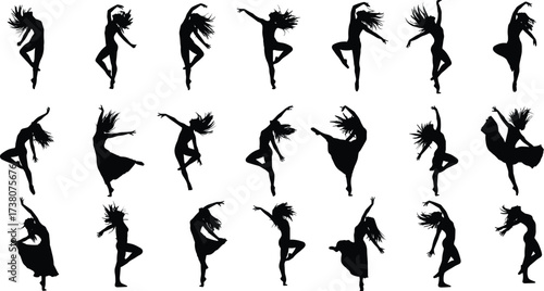 Collection of female dancer silhouettes in dynamic poses, modern dance art illustration, elegant movement, performance creativity, graceful choreography, isolated black artistic figures