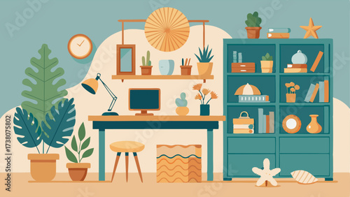 A home office with a rattan desk and shelves adorned with seashell decor and tropicalthemed stationery.