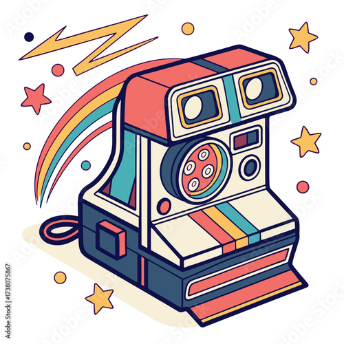 Retro instant camera with rainbow and stars graphic