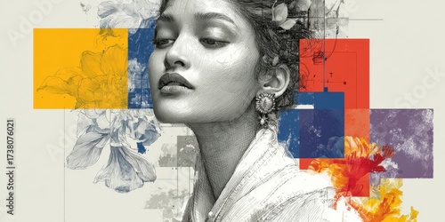 Wallpaper Mural Portrait of a woman with elegant features and floral accents in a vibrant artistic style, captured in a creative and colorful background Torontodigital.ca
