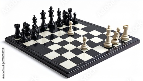 A realistic chessboard with polished black and white squares, complete set of detailed chess pieces arranged for play isolated on white background
