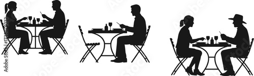 Dining table silhouettes, cad drawing flat vector illustration, people talking, seated interaction, social gathering, black figures, conversation, restaurant scene