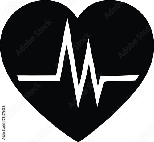 Simple black heart silhouette with white electrocardiogram ecg pulse line symbolizes health wellness cardiology life