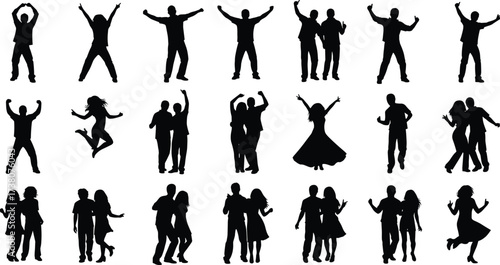 Dancing silhouette people, joyful poses, celebration movement, expressive body language, cad drawing flat vector illustration, festive energy, human interaction, motion art
