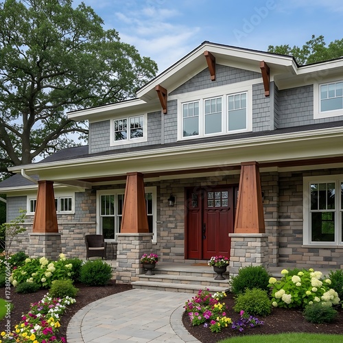 A charming home's entranceway, featuring a stone facade, wooden columns, and vibrant landscaping.