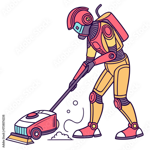 Robot vacuum cleaner illustration in yellow red and purple