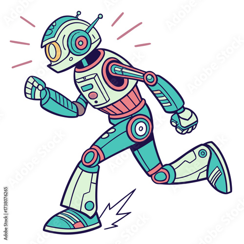 Running teal and pink robot illustration humanoid machine