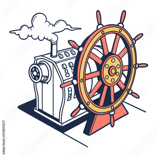 Ship steering wheel engine with steam and controls