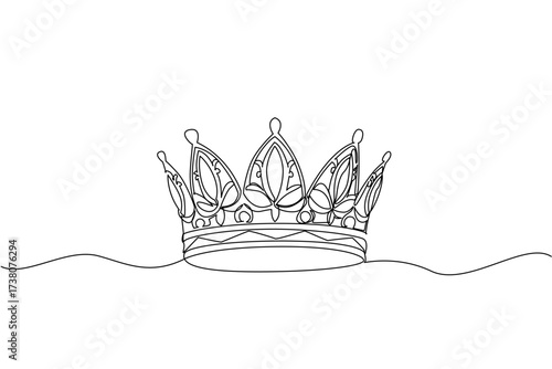 Single continuous line drawing tiara crown. Headdress by people of high standing. Symbol of power, authority, nobility. Accessories decorated with gems. Tiara Day. One line design vector illustration