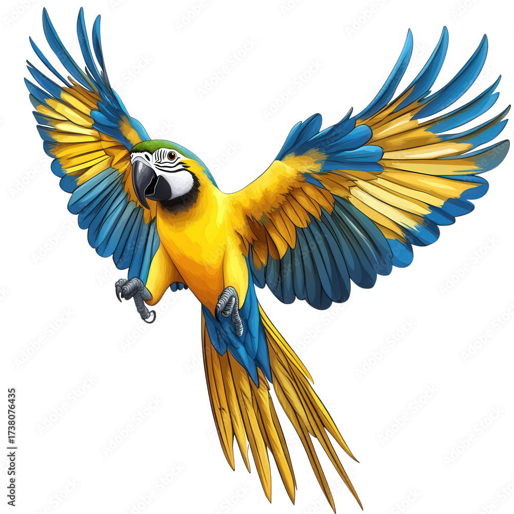 Fototapeta premium A blue and gold macaw takes flight, its wings spread wide against an isolated on transparent background, showcasing its vibrant colors and graceful movement