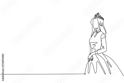 Single one line drawing a woman wearing a princess dress and wearing a tiara crown. Empowering women. Giving appreciation for all contributions. Tiara Day. Continuous line design graphic illustration