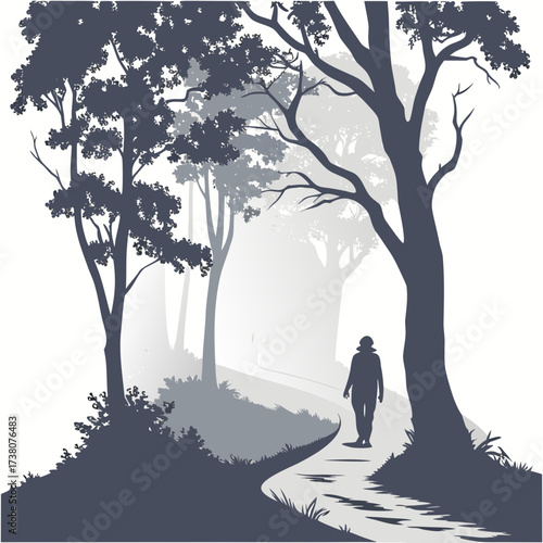 Silhouette of person walking on foggy forest path mist