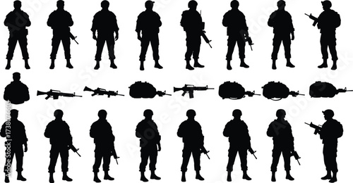 Silhouette collection of armed soldiers with military rifles, combat gear, tactical equipment, weapon icons, standing poses, isolated black silhouettes for defense illustration, security design