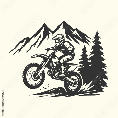 Dynamic motocross rider speeding through mountain and pine forest, vintage action sport sketch style.