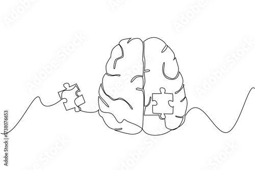 Single one line drawing top view, brain has puzzle pieces in middle that are loose outside brain. Structures in brain that change. World Schizophrenia Day. Continuous line design graphic illustration