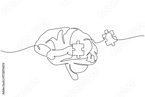 Continuous one line drawing brain in middle has puzzle pieces loose outside brain. Changes in chemical compounds in the brain. World Schizophrenia Day. Single line draw design vector illustration