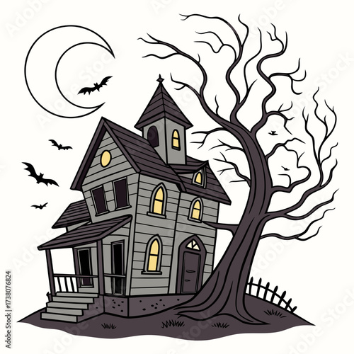 Spooky haunted house with bare tree bats and crescent moon